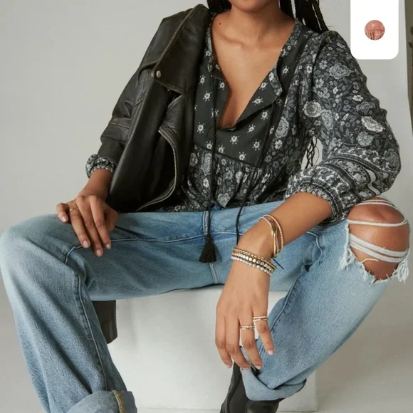 Lucky Brand Boho Peasant Black Floral Blouse- XXL - Picture 2 of 12